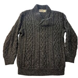 Arancrafts Ireland Merino Wool Shawl Collar Cable Knit Sweater Grey Mens Large